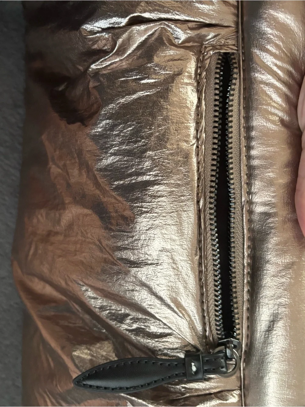 ZARA Metallic Bronze Puffy Crossbody Bag with Black Strap